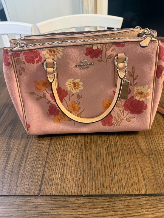 Coach Handbags - Coach Pink Floral Leather Satchel with Red & Yellow Blooms